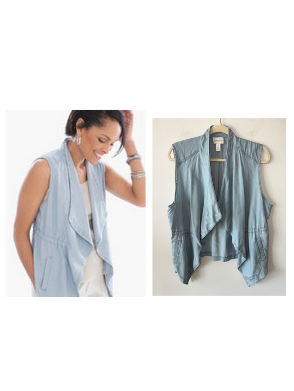 Chico's washed denim lyocell open-front vest with a drawstring waist Size 2 (L)